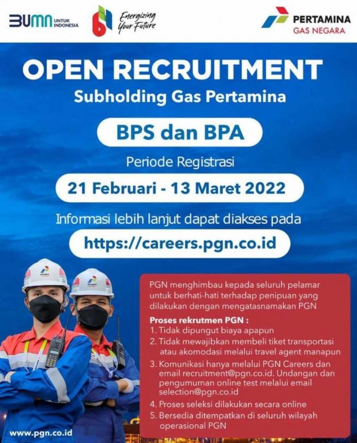 Info Karier: Open Recruitment BPS dan BPA Pertamina Gas Negara 2022